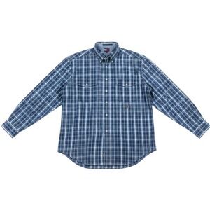Tommy Hilfiger Mens XL Blue Plaid Button Down Shirt Cotton Crest Logo L/S